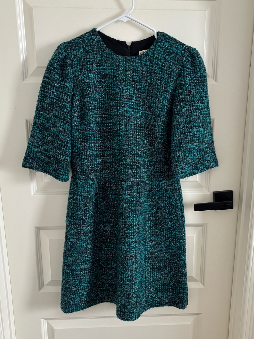 Alice + Olivia Teal & Black Tweed Textured Long-Sleeve Shift Dress